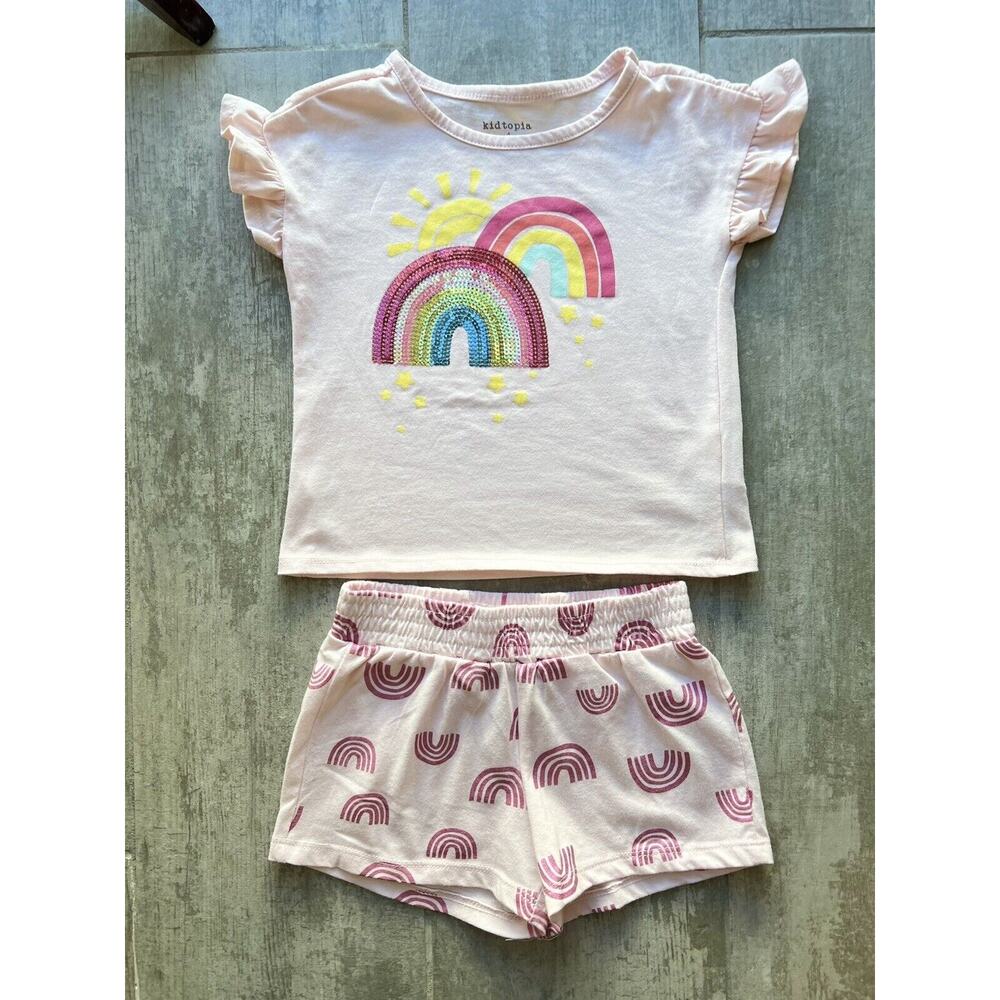 KIDTOPIA 2 Piece Outfit Set Sequin Rainbow Top & Shorts Pink Toddler Summer 4T